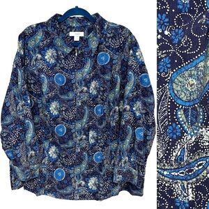CJ Banks 3X Corduroy Paisley Boho Zip Up Jacket Blue Green Western